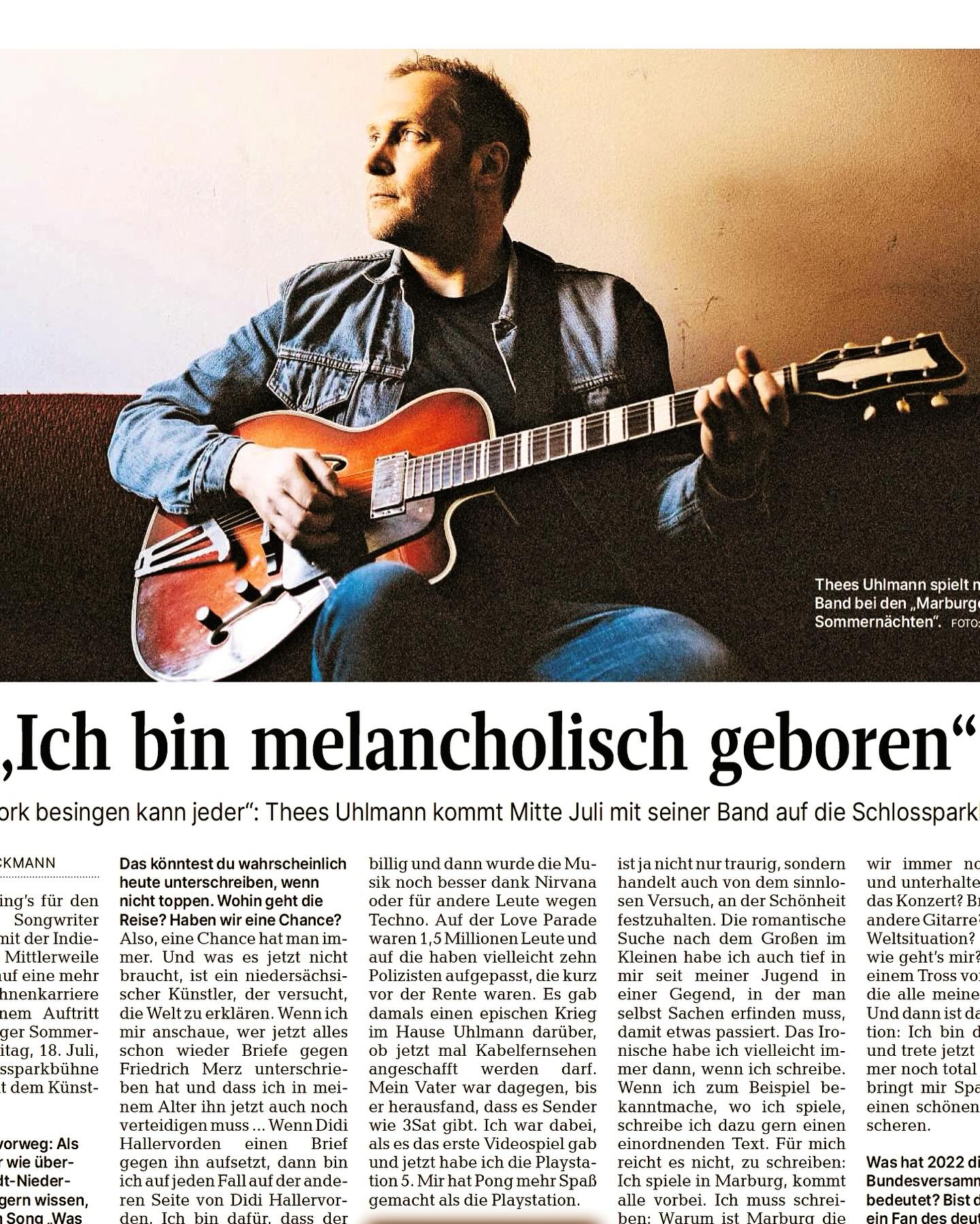 Vielen Dank an die @opmarburg für das schöne Interview mit @theesuhlmann 📰🙏 . Am 18.7. ist der wunderbare Sänger und Songschreiber live zu Gast bei uns auf der Schlossparkbühne 🤩 und: es gibt tatsächlich noch ein paar Restkarten 🎫 - also JETZT LETZTE TICKETS SICHERN: LINK IN BIO!