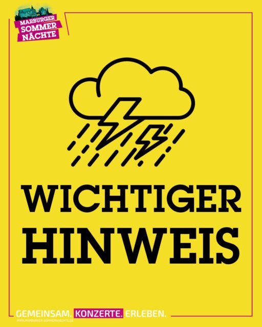 Liebe Takida-Fans,

manche Dinge liegen leider nicht in unserer Hand. Mit großem Bedauern müssen wir euch mitteilen, dass wir das heutige Konzert von Takida endgültig abbrechen mussten.

Die anhaltende Unwetterlage und die damit verbundenen Risiken für eure Sicherheit sowie die aller Beteiligten ließen uns keine andere Wahl. Nach sorgfältiger Prüfung und in enger Abstimmung mit den zuständigen Behörden haben diese entschieden, das Konzert abzusagen – eine Entscheidung, die wir im Sinne der Sicherheit aller mittragen und unterstützen.

Wir wissen, wie sehr ihr euch – genau wie wir – auf diesen Abend gefreut habt. Umso mehr schmerzt es, dass wir diesen besonderen Moment heute nicht gemeinsam erleben können. Leider lässt es die Situation auch nicht zu, das Konzert zu einem späteren Zeitpunkt nachzuholen.

In den kommenden Tagen werden wir euch über die Modalitäten zur Rückabwicklung der Tickets informieren.

Vielen Dank für euer Verständnis, eure Geduld und eure Unterstützung – trotz allem. 

Passt gut auf euch auf und kommt sicher nach Hause.

Euer Team der Marburger Sommernächte