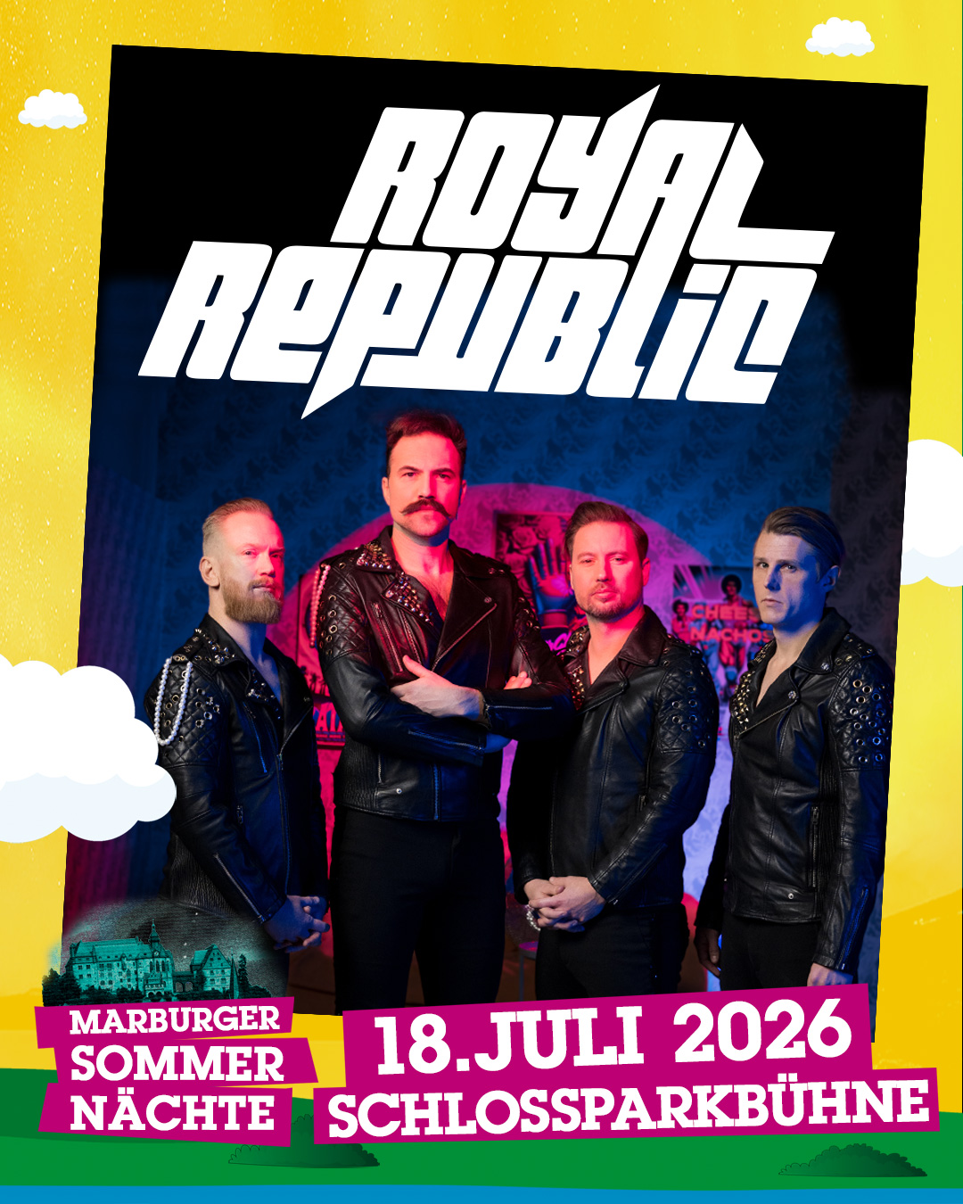 Mit Royal Republic kündigt sich ein weiterer Höhepunkt im Programm der Marburger Sommernächte 2026 an. Die schwedische Rockband wird am Samstag, den 18. Juli 2026, auf der Schlossparkbühne Marburg auftreten. 🎉🎸
Tickets gibt es online!