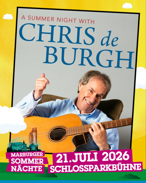 Ein seltener Solo-Abend: Chris de Burgh am 21. Juli 2026 in Marburg 💛
Am 21. Juli 2026 kommt Chris de Burgh zu den Marburger Sommernächten – ein Termin, der angesichts der erneuten Verlängerung seiner hoch gefragten Solo-Gastspielreisen besondere Aufmerksamkeit verdient. Unter dem Titel „A Summer Night with Chris de Burgh“ setzt der Musiker im Sommer 2026 seine Reihe von Soloabenden fort, die seit Jahren eine bemerkenswerte Resonanz erfahren.
👉 Der MyTicket-Pre-Sale hat begonnen: https://shop.myticket.de/selection/event/seat?perfId=10229555395846&table=false&choiceSelectionDone=false&productId=10229555344518&tourId=10229555017648