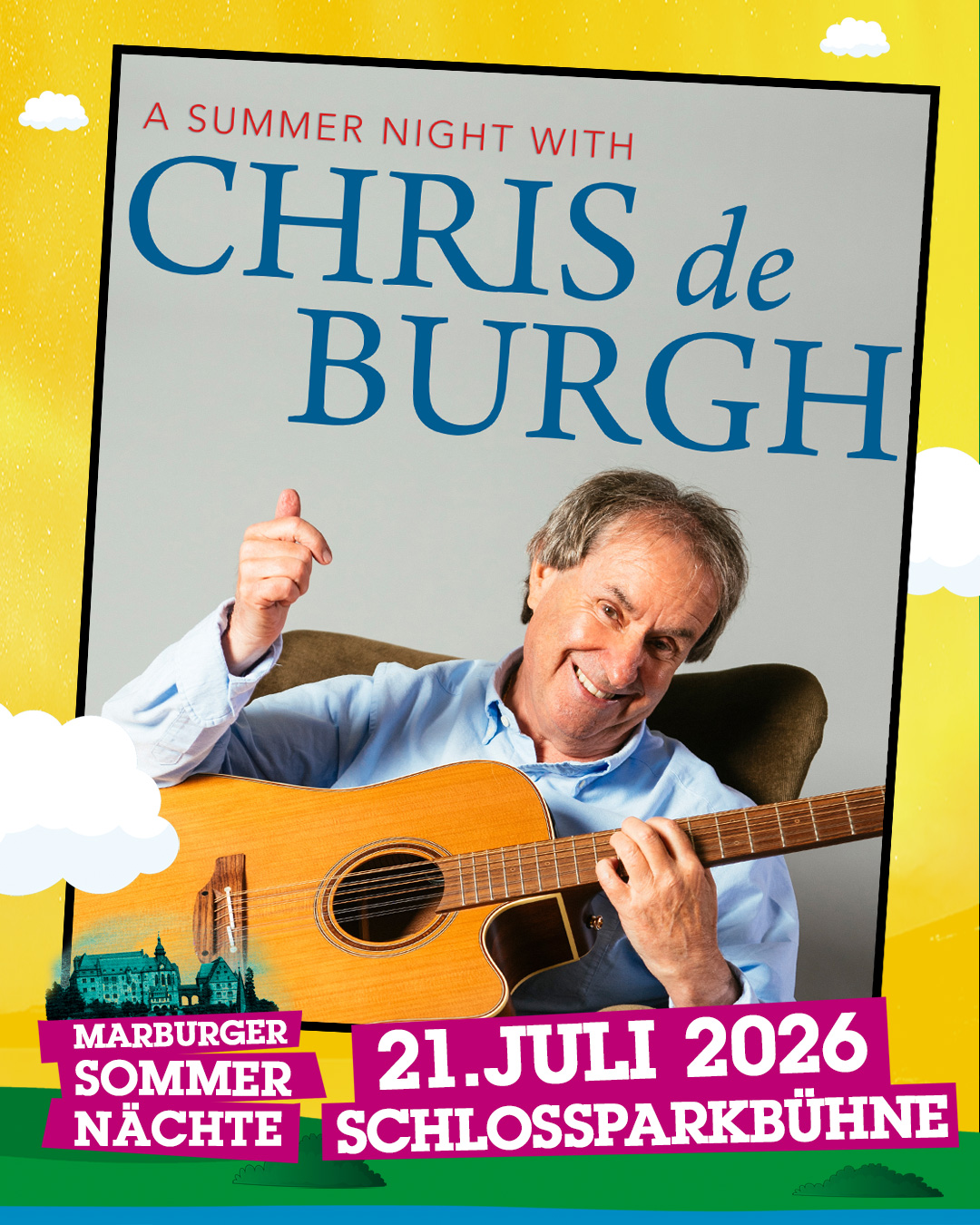 Ein seltener Solo-Abend: Chris de Burgh am 21. Juli 2026 in Marburg 💛
Am 21. Juli 2026 kommt Chris de Burgh zu den Marburger Sommernächten – ein Termin, der angesichts der erneuten Verlängerung seiner hoch gefragten Solo-Gastspielreisen besondere Aufmerksamkeit verdient. Unter dem Titel „A Summer Night with Chris de Burgh“ setzt der Musiker im Sommer 2026 seine Reihe von Soloabenden fort, die seit Jahren eine bemerkenswerte Resonanz erfahren.
👉 Der MyTicket-Pre-Sale hat begonnen: https://shop.myticket.de/selection/event/seat?perfId=10229555395846&table=false&choiceSelectionDone=false&productId=10229555344518&tourId=10229555017648