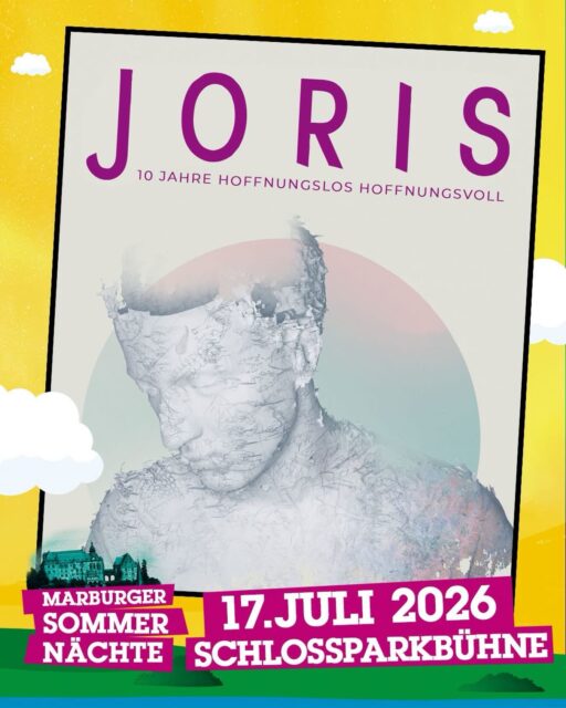 🎶✨ JORIS HÄNGT WEITERE JUBILÄUMSSHows AN – UND KOMMT NACH MARBURG! ✨🎶

Nach der gefeierten und vielerorts ausverkauften Jubiläumstour im vergangenen Jahr setzt @jorismusik die Reise zu seinem Debütalbum „Hoffnungslos Hoffnungsvoll“ auch im Sommer 2026 fort — und macht dabei auch bei den Marburger Sommernächten Halt! 🌙

Vor zehn Jahren legte JORIS mit diesem Album den Grundstein für eine beeindruckende Karriere. Die Single „Herz über Kopf“ wurde zum großen Durchbruch und zählt bis heute zu den erfolgreichsten deutschsprachigen Songs der letzten Jahre – ein moderner Klassiker, der Millionen Menschen berührt hat.

Am Fr., 17.07.2026 bringt JORIS seine Songs nun auf die Schlossparkbühne nach Marburg — ein besonderer Sommerabend voller Emotionen, Erinnerungen und großer Live-Momente unter freiem Himmel. 💛

🎟 Tickets gibt es an allen bekannten Vorverkaufsstellen und online hier:
👉 Link in Bio!